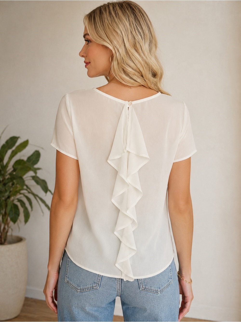 Women’s Off-White Ruffle-Back Short Sleeve Blouse by Charming Charlie Size S